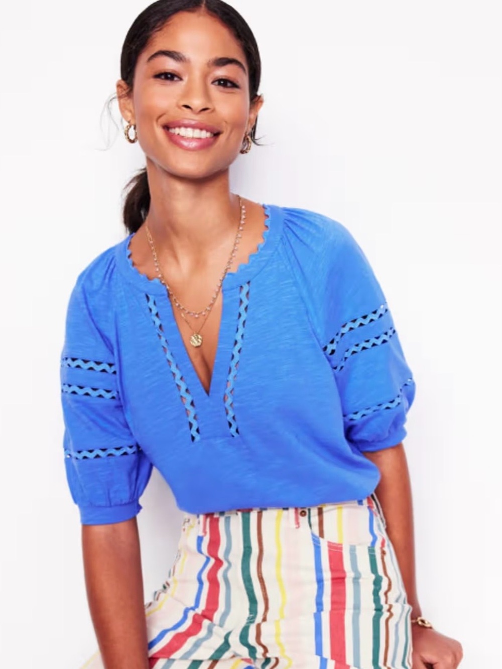 Boden Maisy Rikrak Trim Top Cotton Blue